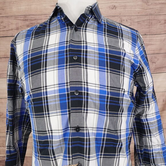 EXPRESS FITTED BLUE PLAID BUTTON DOWN DRESS SHIRT MENS SZ M 15-15.5 - Picture 1 of 8